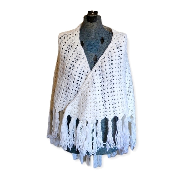 Hand Crocheted Shawl with Fringe Detail - Picture 1 of 4
